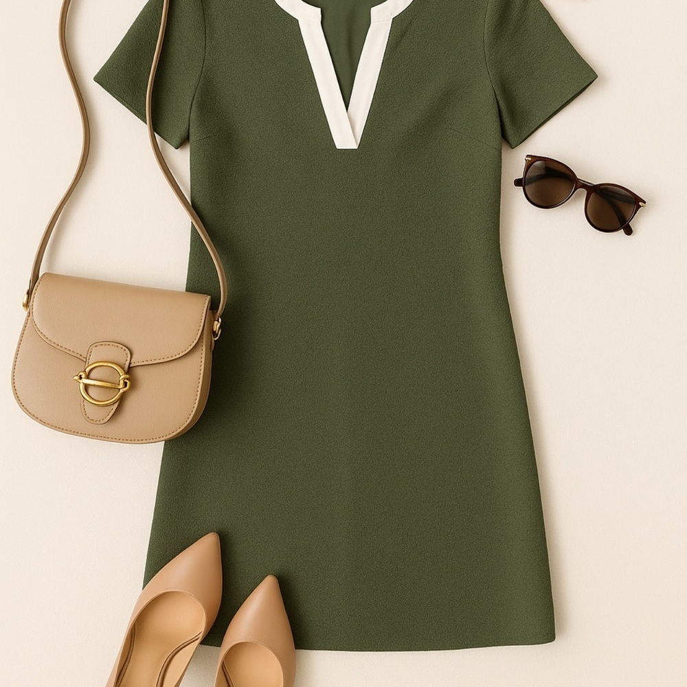 Sandro Paris Shift Dress Minimalist Quiet Luxury Designer Small Olive Green - Picture 2 of 11